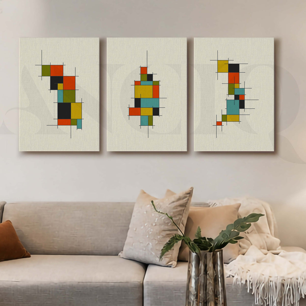 Modular Grid Abstract Gallery Wall Artwork Set of 3 – Asha Art Studio