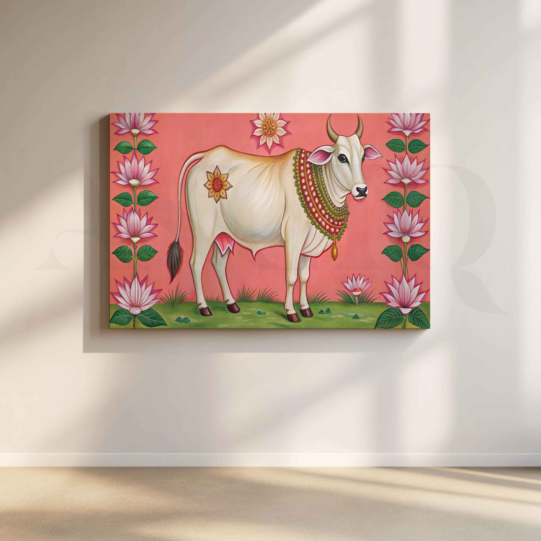 Lotus Framed Sacred Cow Canvas Artwork – Asha Art Studio