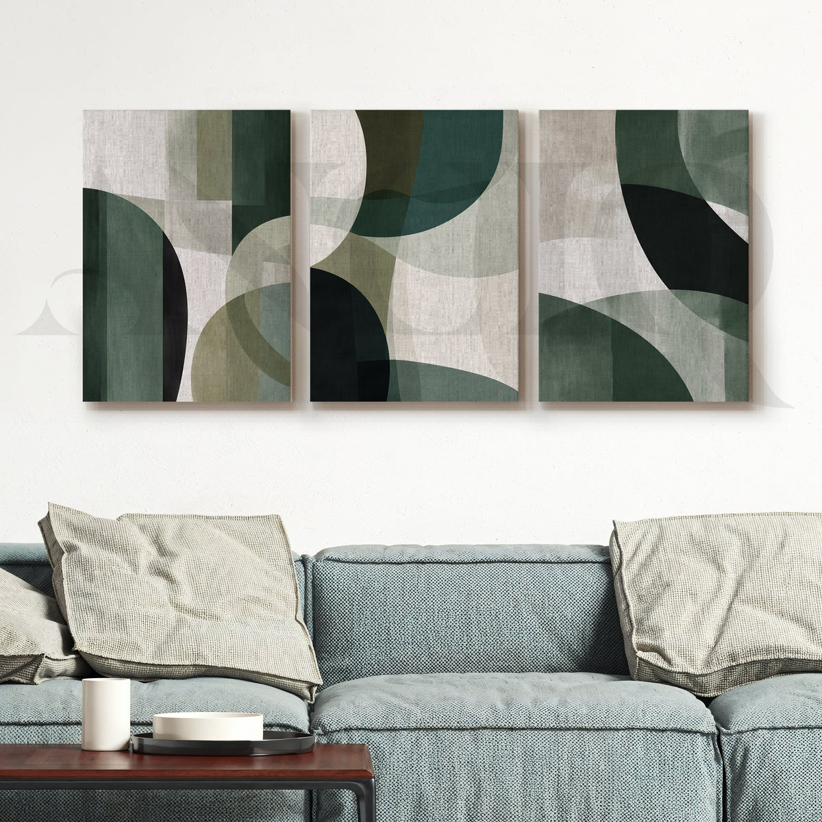 Deep Green Geometric Flow Gallery Wall – Set of 3 Abstract Artworks - 18 x 24 Inches – Asha Art Studio