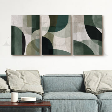 Deep Green Geometric Flow Gallery Wall – Set of 3 Abstract Artworks - 18 x 24 Inches – Asha Art Studio