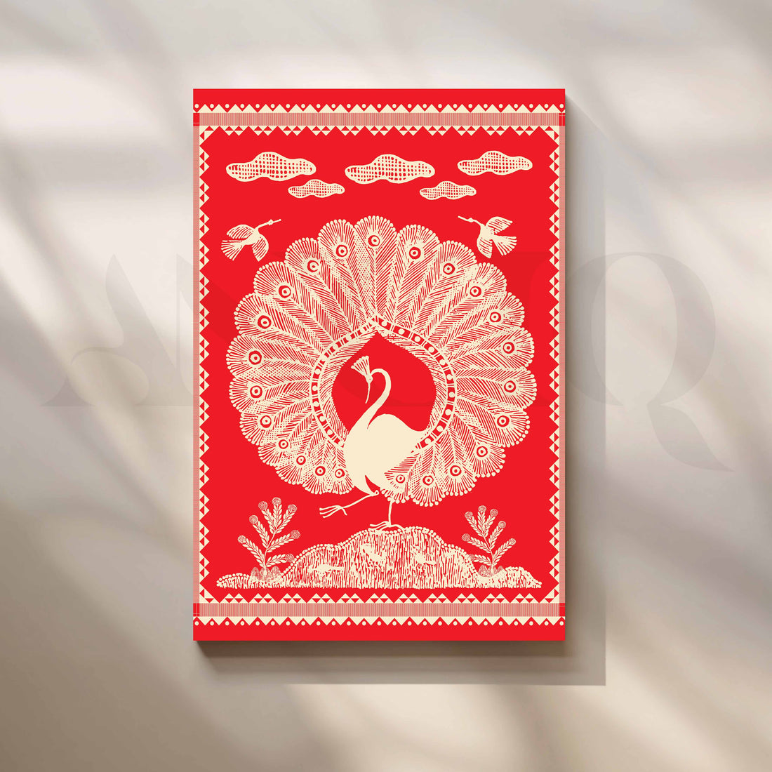 Warli Peacock Canvas Artwork – Asha Art Studio