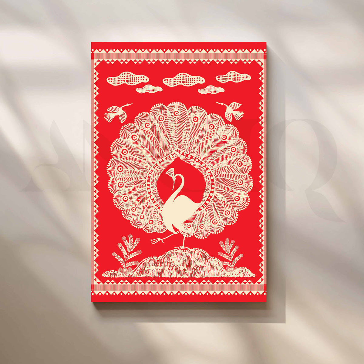 Warli Peacock Canvas Artwork – Asha Art Studio