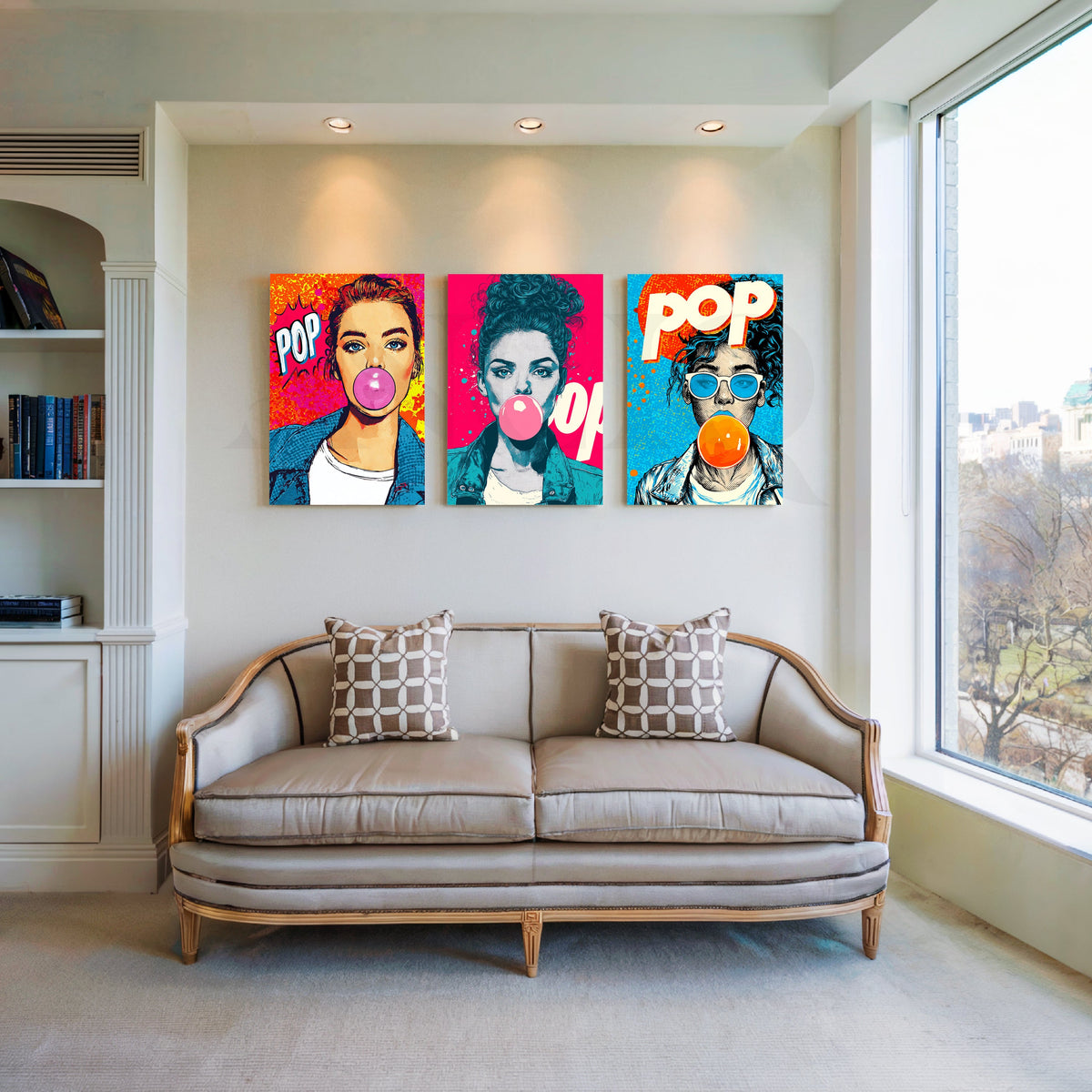 Bubblegum Pop Trio Gallery Wall – Set of 3 Pop Art Canvas Artworks – Asha Art Studio