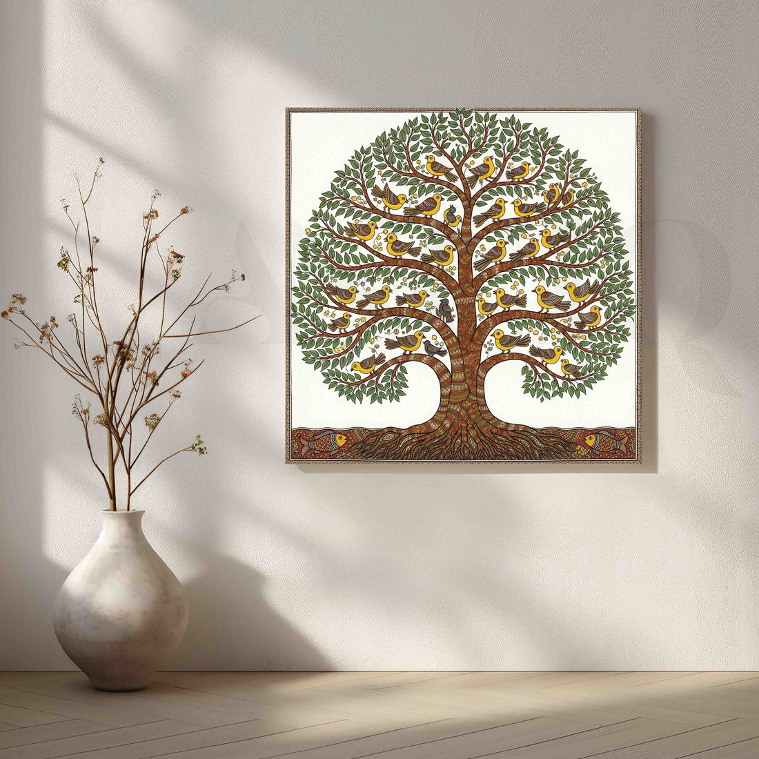 Birds Tree of Life Madhubani Canvas Artwork – Asha Art Studio