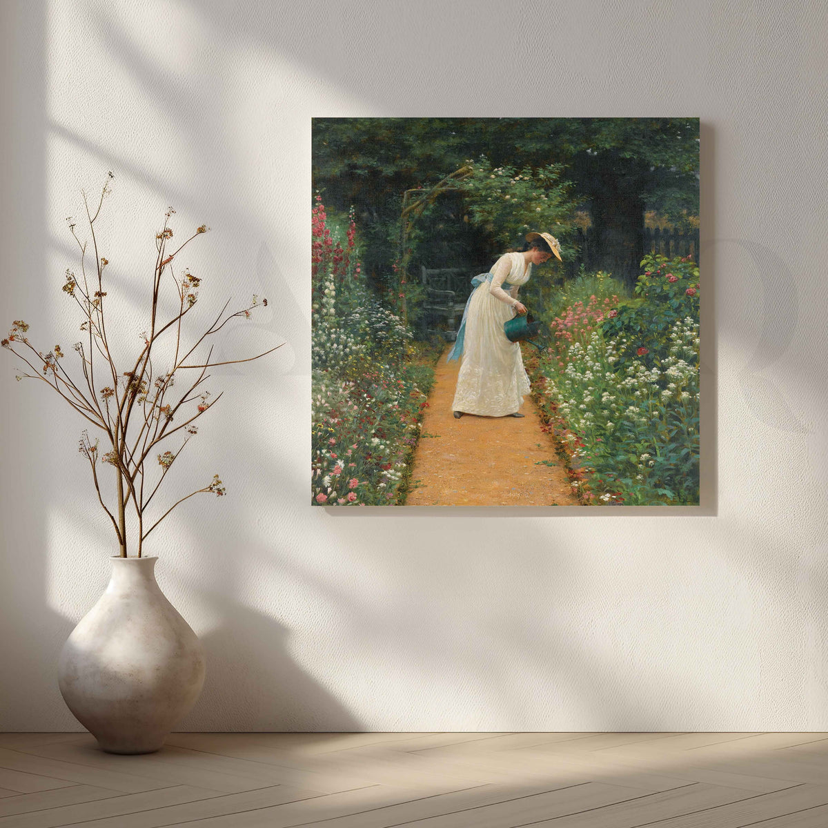 Woman Watering Garden Impressionist Canvas Artwork – Asha Art Studio