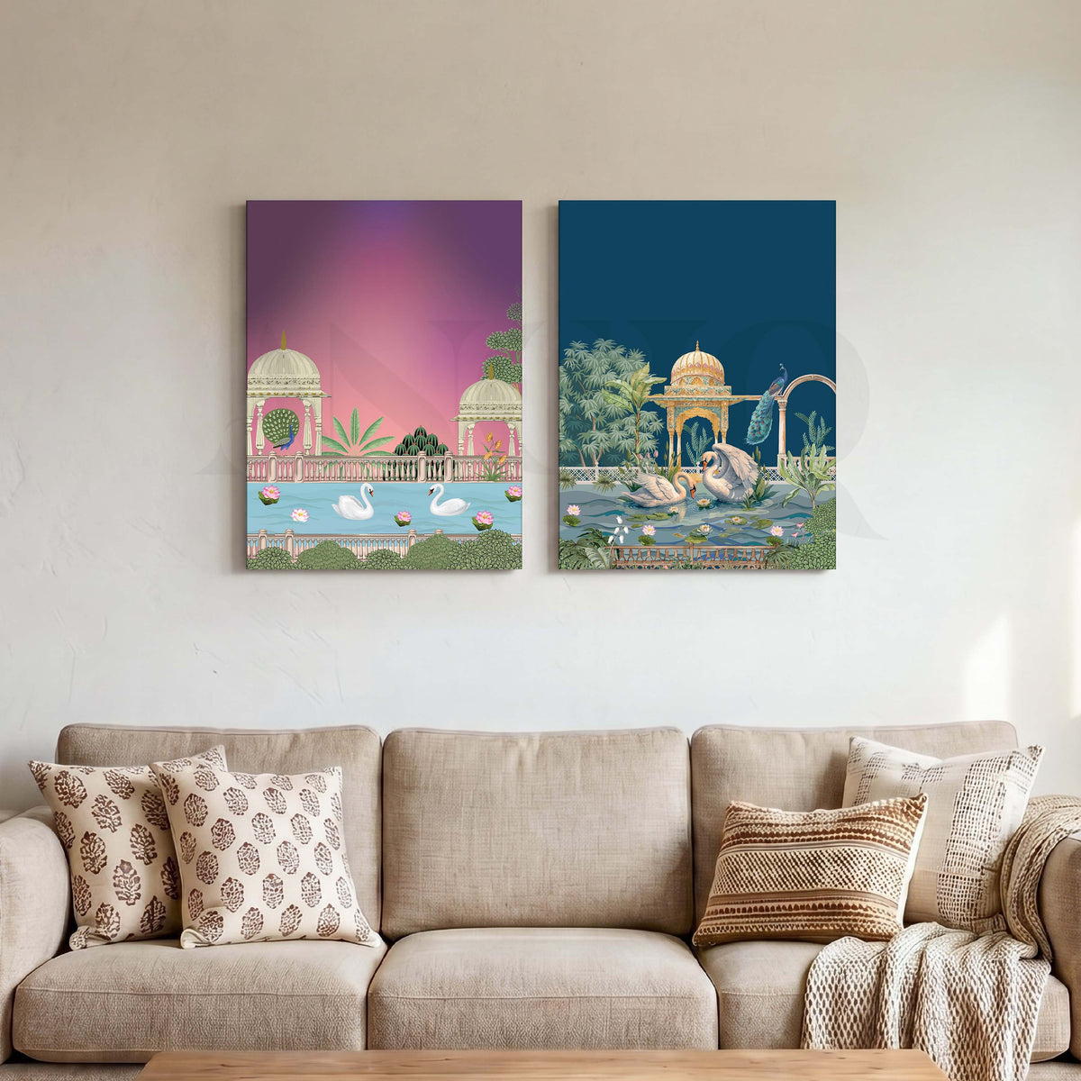 Royal Swan Palace Gallery Wall Canvas Artwork Set of 2 – Asha Art Studio