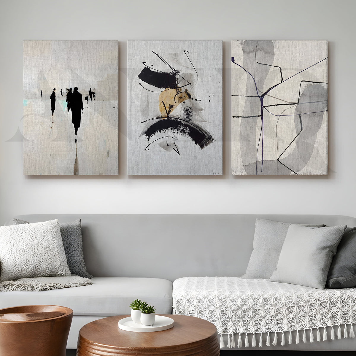 Minimal Ink Expressions Gallery Wall – Set of 3 Modern Abstract Artworks - 18 x 24 Inches – Asha Art Studio