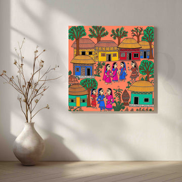 Traditional Madhubani Village Life Canvas Artwork – Asha Art Studio