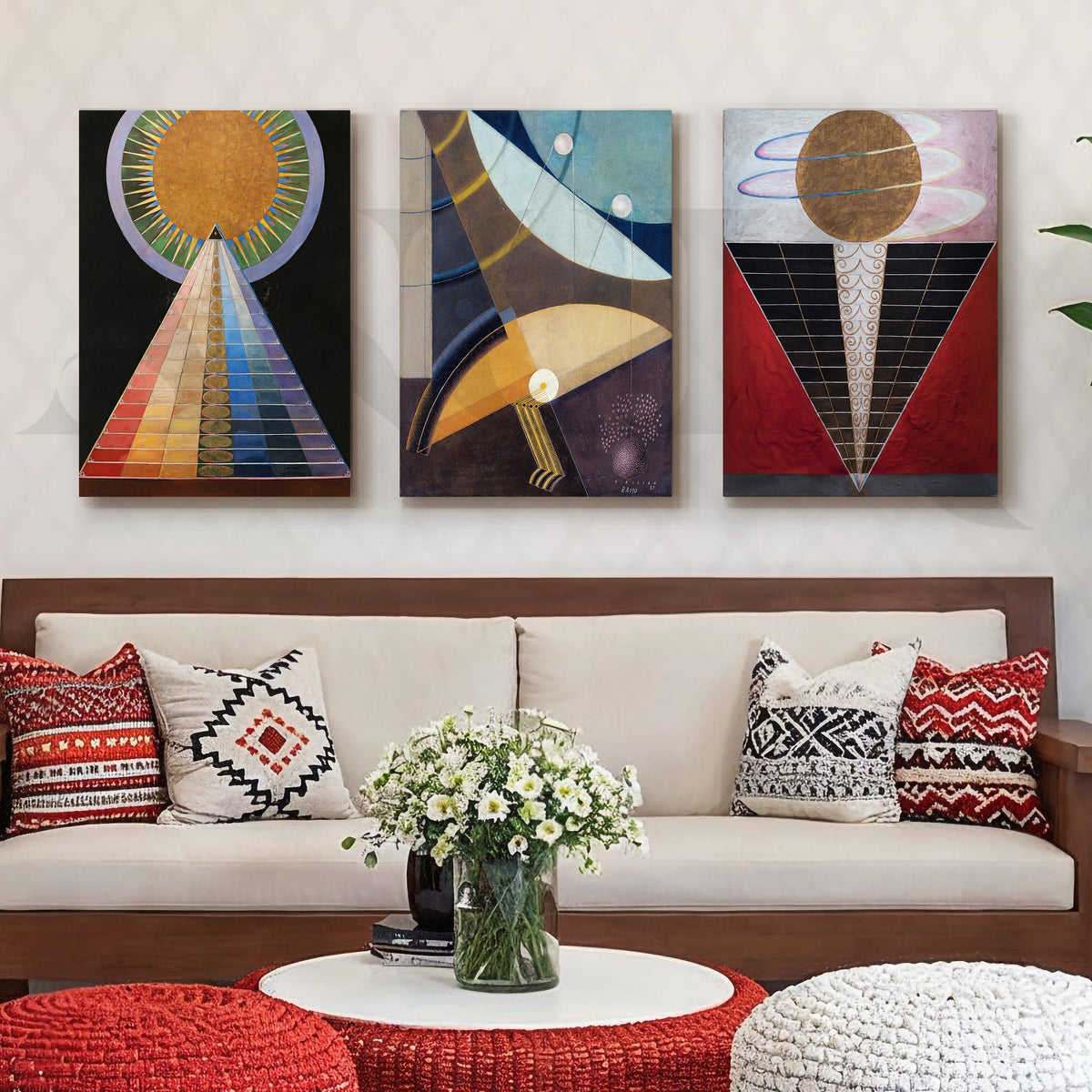 Sacred Geometry Cosmic Forms Gallery Wall – Set of 3 Abstract Symbolic Artworks - 18 x 24 Inches – Asha Art Studio
