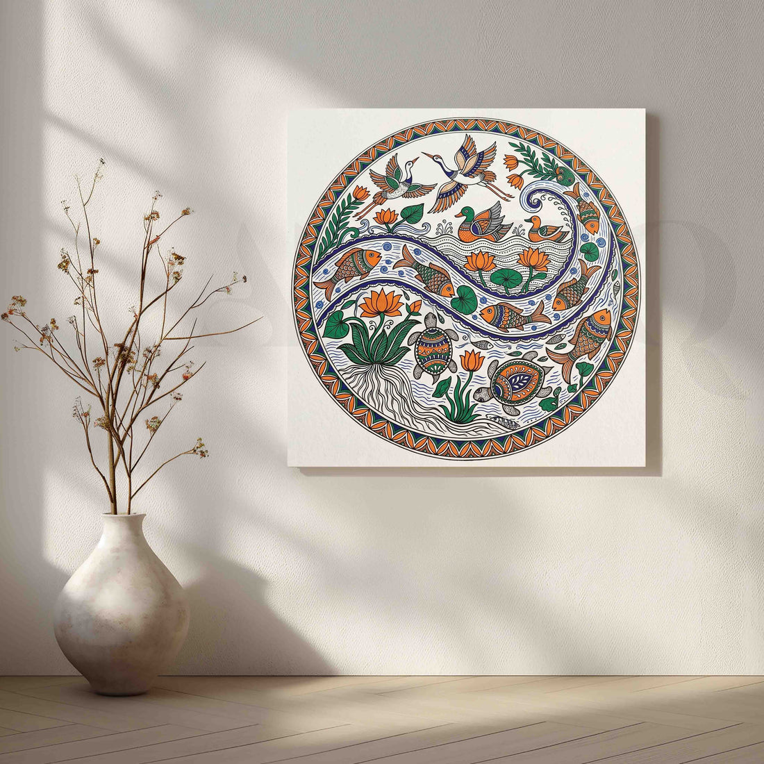 Aquatic Life Mandala Madhubani Canvas Artwork – Asha Art Studio