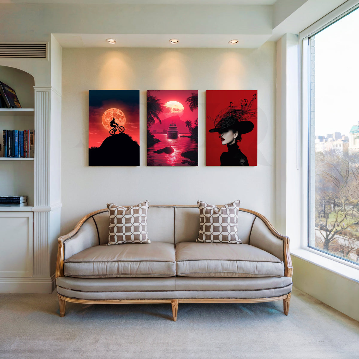 Crimson Nights Gallery Wall – Set of 3 Artworks – Asha Art Studio
