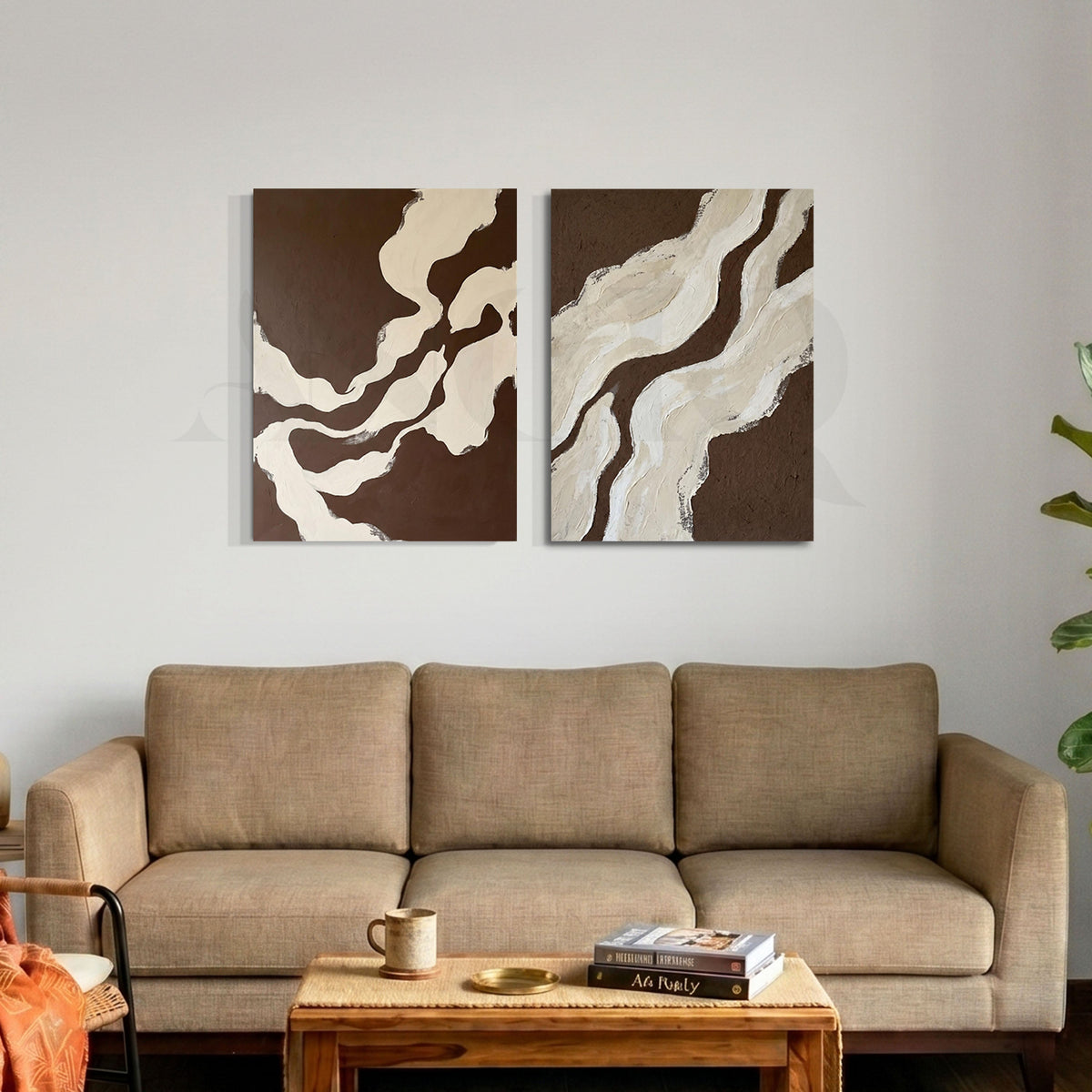 Brown White Flow Abstract Gallery Wall Set of 2 – Asha Art Studio