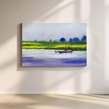 Riverside Boat Landscape Canvas Artwork – Asha Art Studio