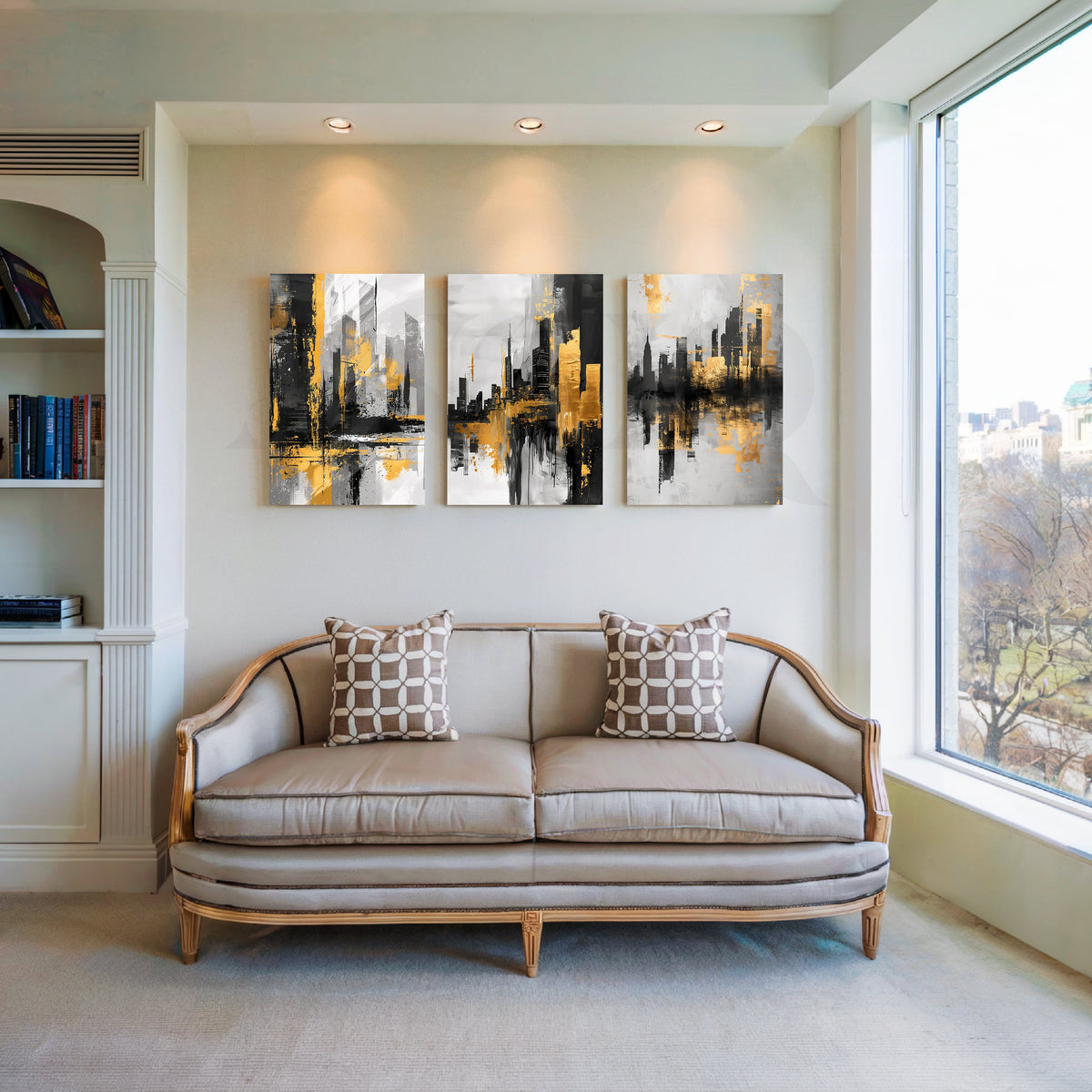 Golden City Reflections Gallery Wall – Set of 3 Artworks – Asha Art Studio