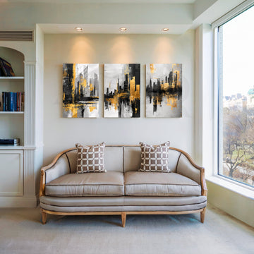 Golden City Reflections Gallery Wall – Set of 3 Artworks – Asha Art Studio