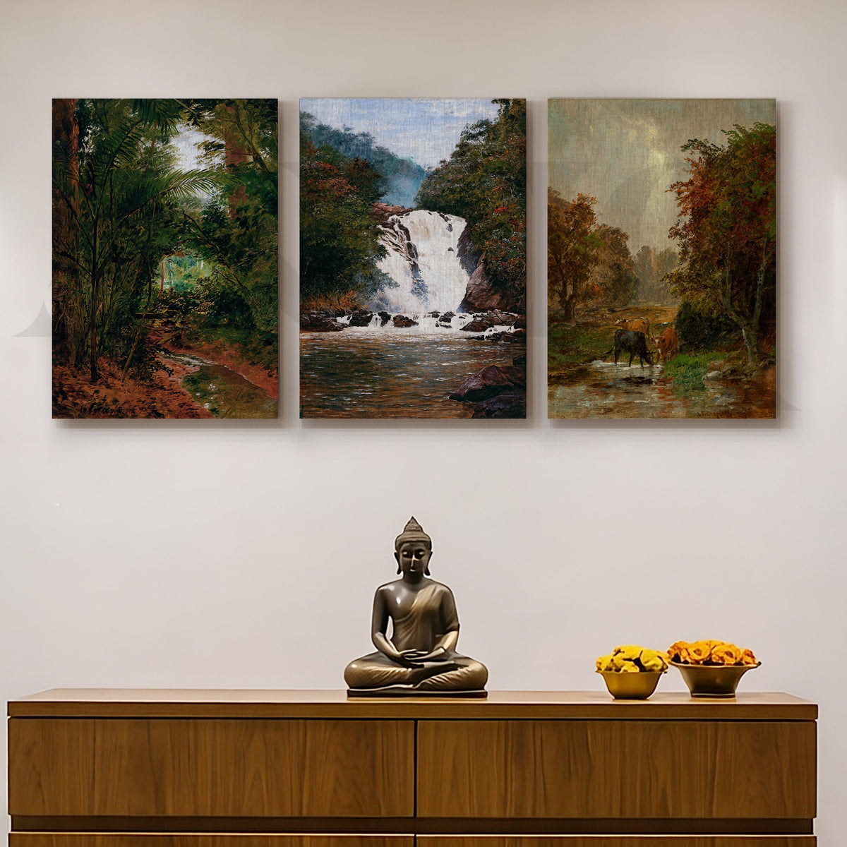 Serene Forest Waterfall Gallery Wall – Set of 3 Nature Landscape Artworks - 18 x 24 Inches – Asha Art Studio