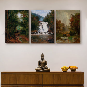Serene Forest Waterfall Gallery Wall – Set of 3 Nature Landscape Artworks - 18 x 24 Inches – Asha Art Studio