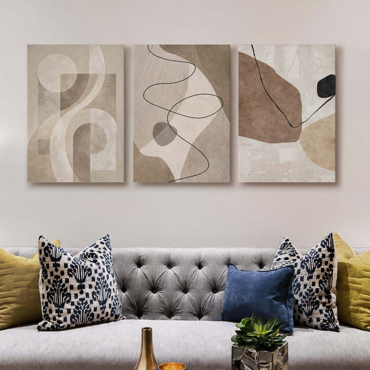 Neutral Line Abstract Gallery Wall Canvas Artwork Set of 3 - 18 x 24 Inches – Asha Art Studio