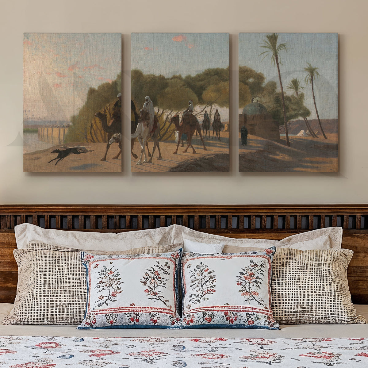 Desert Caravan Landscape Gallery Wall – Set of 3 Vintage Oriental Artworks - 18 x 24 Inches – Asha Art Studio