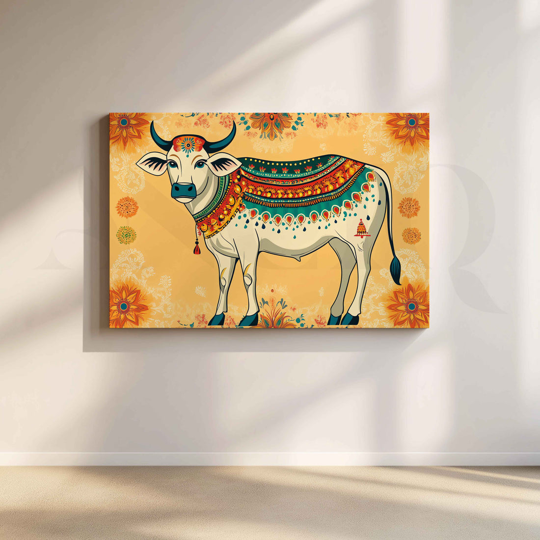 Decorative Sacred Cow Folk Canvas Artwork – Asha Art Studio