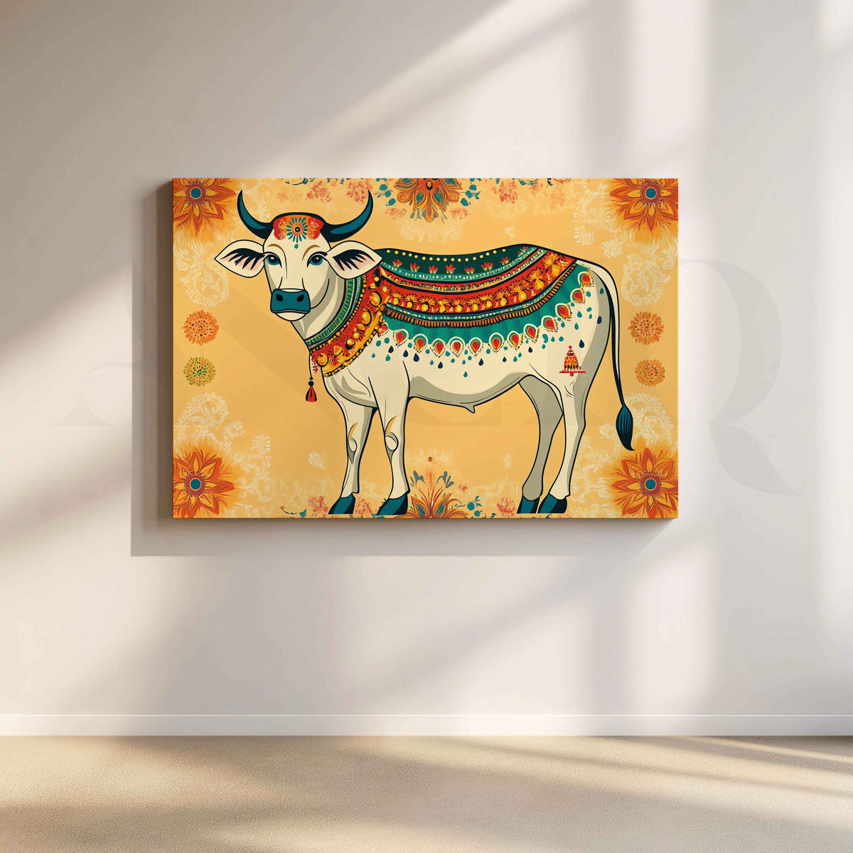 Decorative Sacred Cow Folk Canvas Artwork – Asha Art Studio