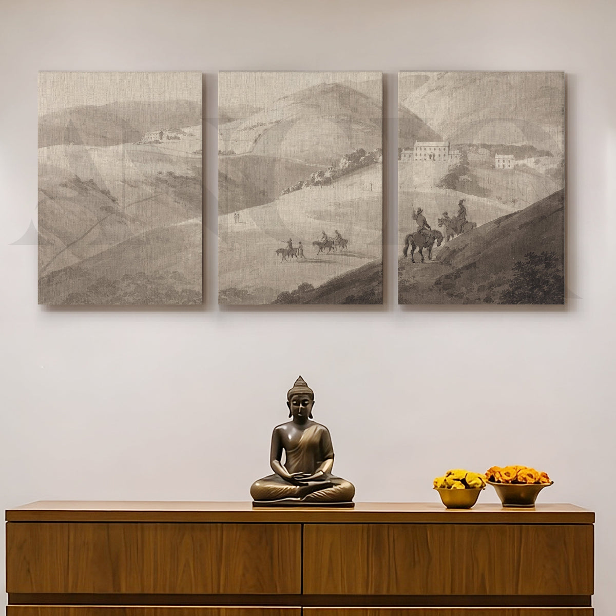 Timeless Countryside Sketch Gallery Wall – Set of 3 Monochrome Landscape Artworks - 18 x 24 Inches – Asha Art Studio