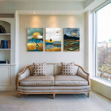Golden Horizon Landscapes Gallery Wall – Set of 3 Artworks – Asha Art Studio