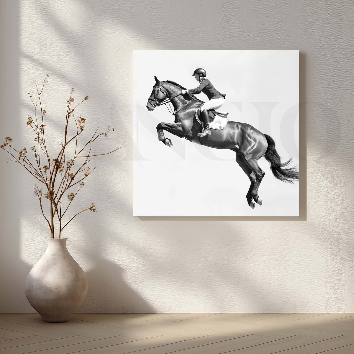 Monochrome Jumping Horse Canvas Artwork – Asha Art Studio