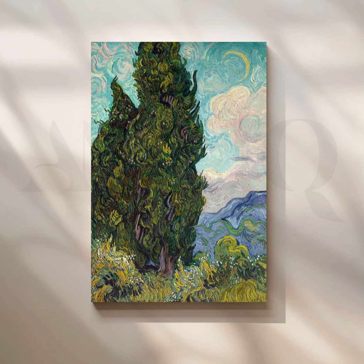 Cypresses Under the Crescent Moon Post-Impressionist Canvas Artwork – Asha Art Studio