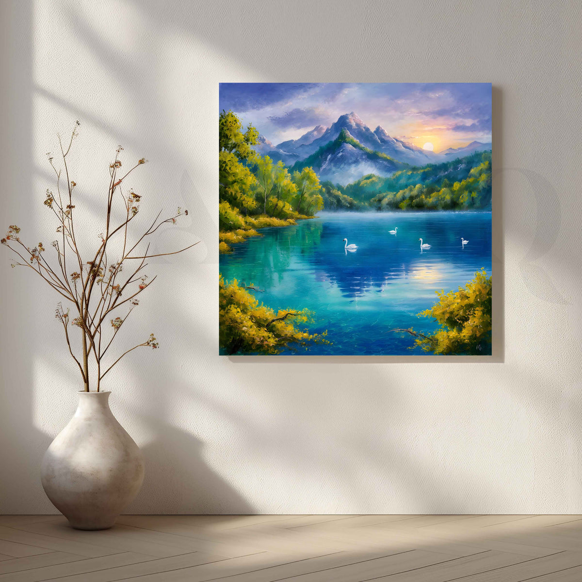 Swan Lake Mountain Canvas Artwork – Asha Art Studio