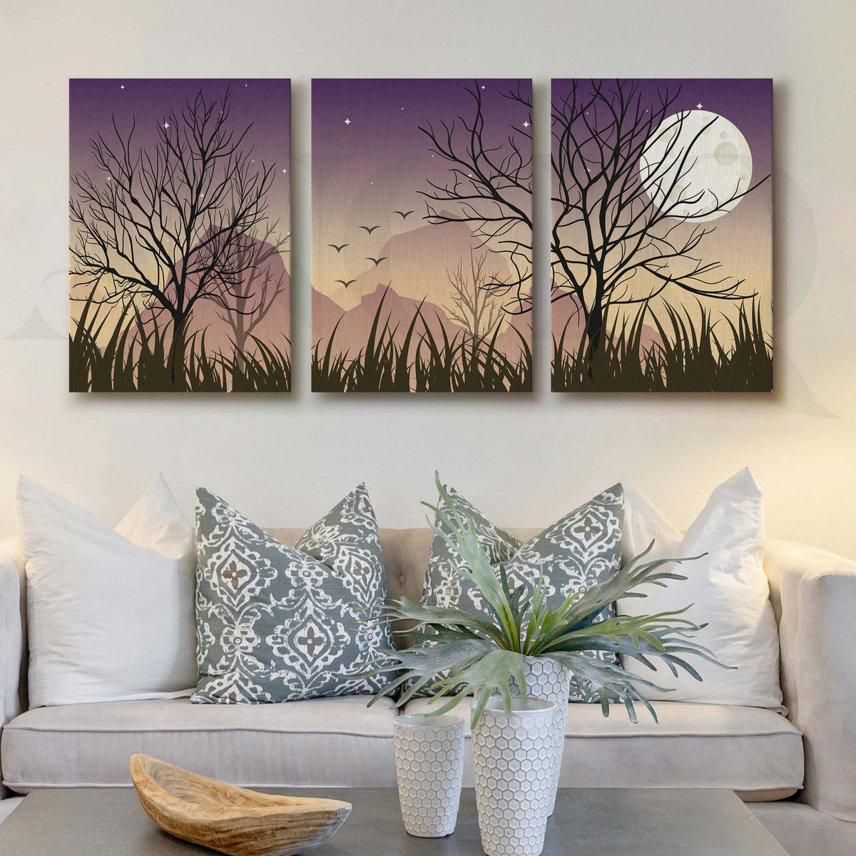 Moonlit Tree Landscape Gallery Wall Artwork Set of 3 – Asha Art Studio
