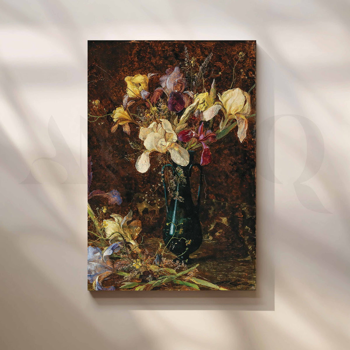 Vintage Iris Bouquet in Dark Vase Canvas Artwork – Asha Art Studio