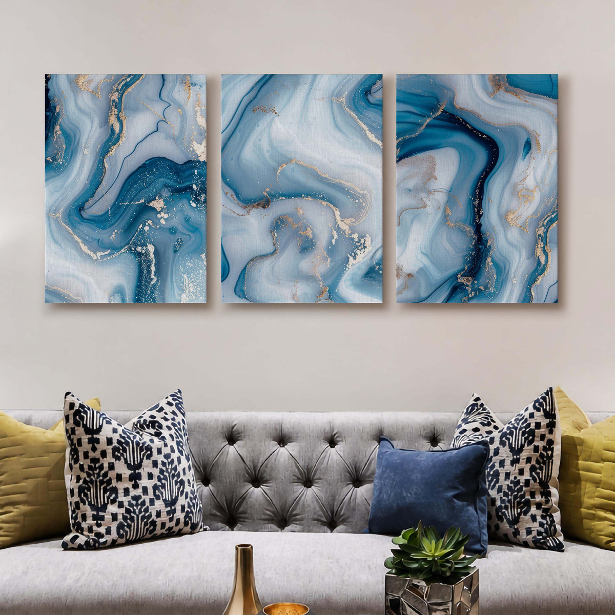 Blue Marble Abstract Gallery Wall Canvas Artwork Set of 3 - 18 x 24 Inches – Asha Art Studio