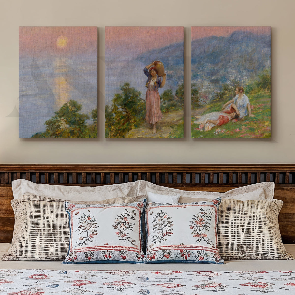 Pastoral Sunset Figures Gallery Wall – Set of 3 Impressionist Landscape Artworks - 18 x 24 Inches – Asha Art Studio