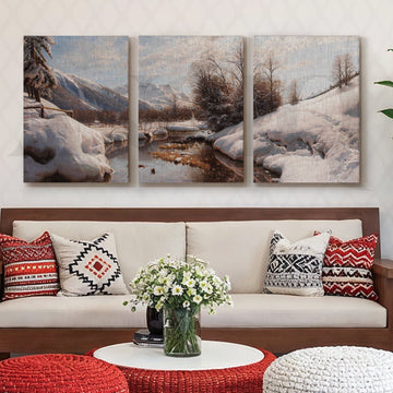 Snowy Alpine River Landscape Gallery Wall – Set of 3 Winter Nature Artworks - 18 x 24 Inches – Asha Art Studio
