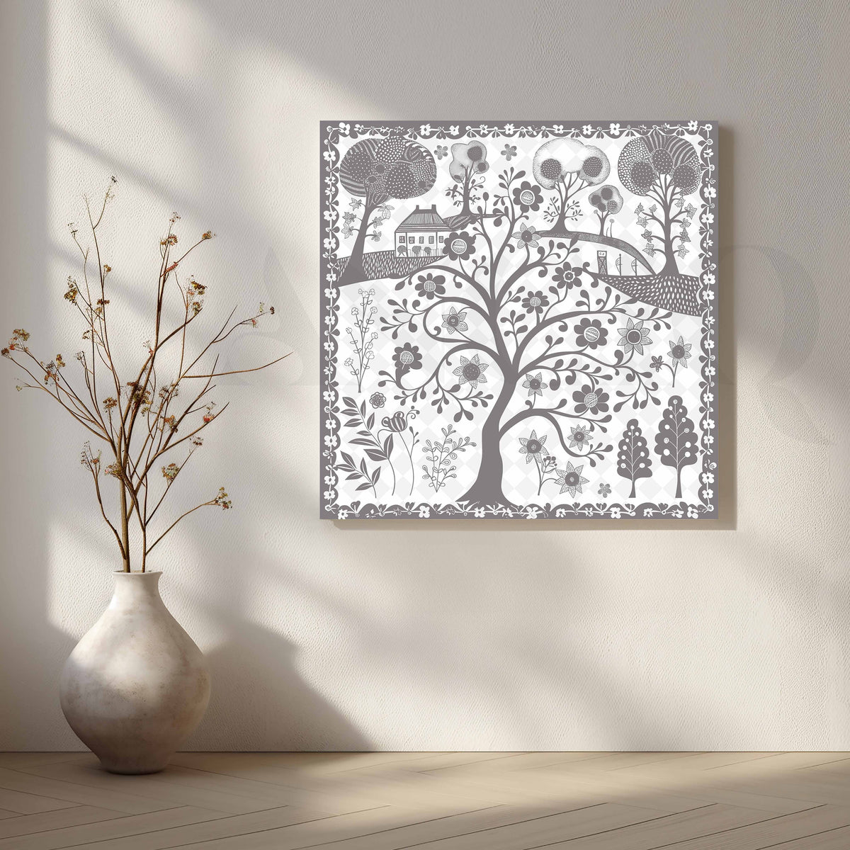 Floral Tree of Life Folk Canvas Artwork – Asha Art Studio
