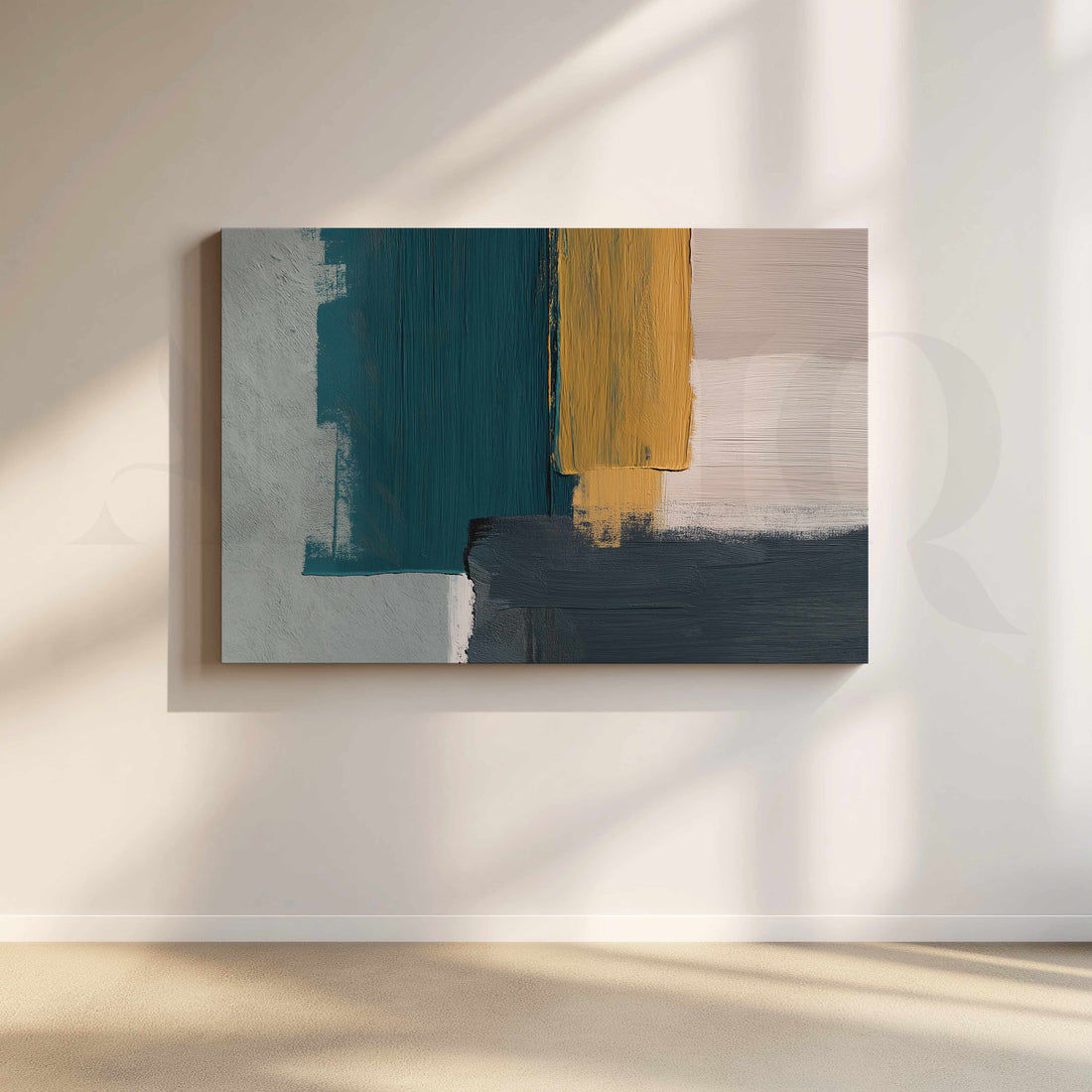 Teal Mustard and Charcoal Geometric Abstract Canvas Artwork – Asha Art Studio