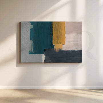 Teal Mustard and Charcoal Geometric Abstract Canvas Artwork – Asha Art Studio