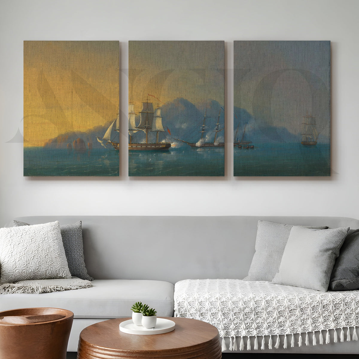 Golden Horizon Sailing Ships Gallery Wall – Set of 3 Classic Seascape Artworks - 18 x 24 Inches – Asha Art Studio