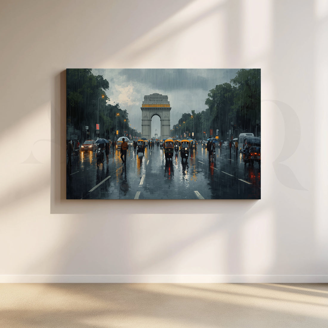Rainy India Gate Street Canvas Artwork – Asha Art Studio