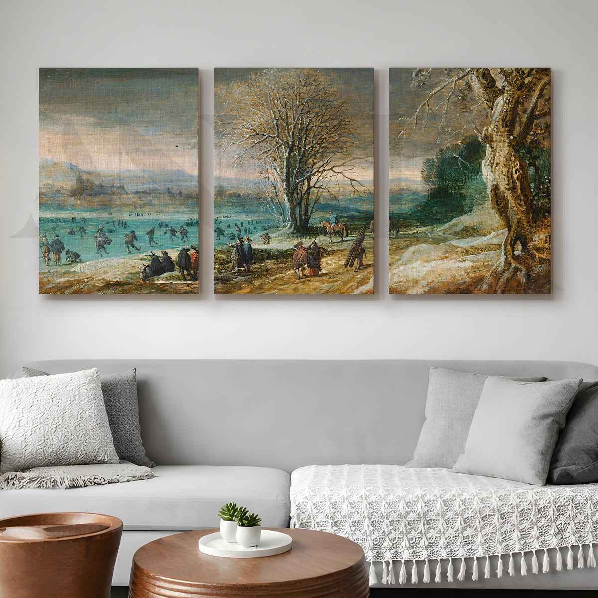 Winter Lakeside Life Gallery Wall – Set of 3 Classical European Landscape Artworks - 18 x 24 Inches – Asha Art Studio