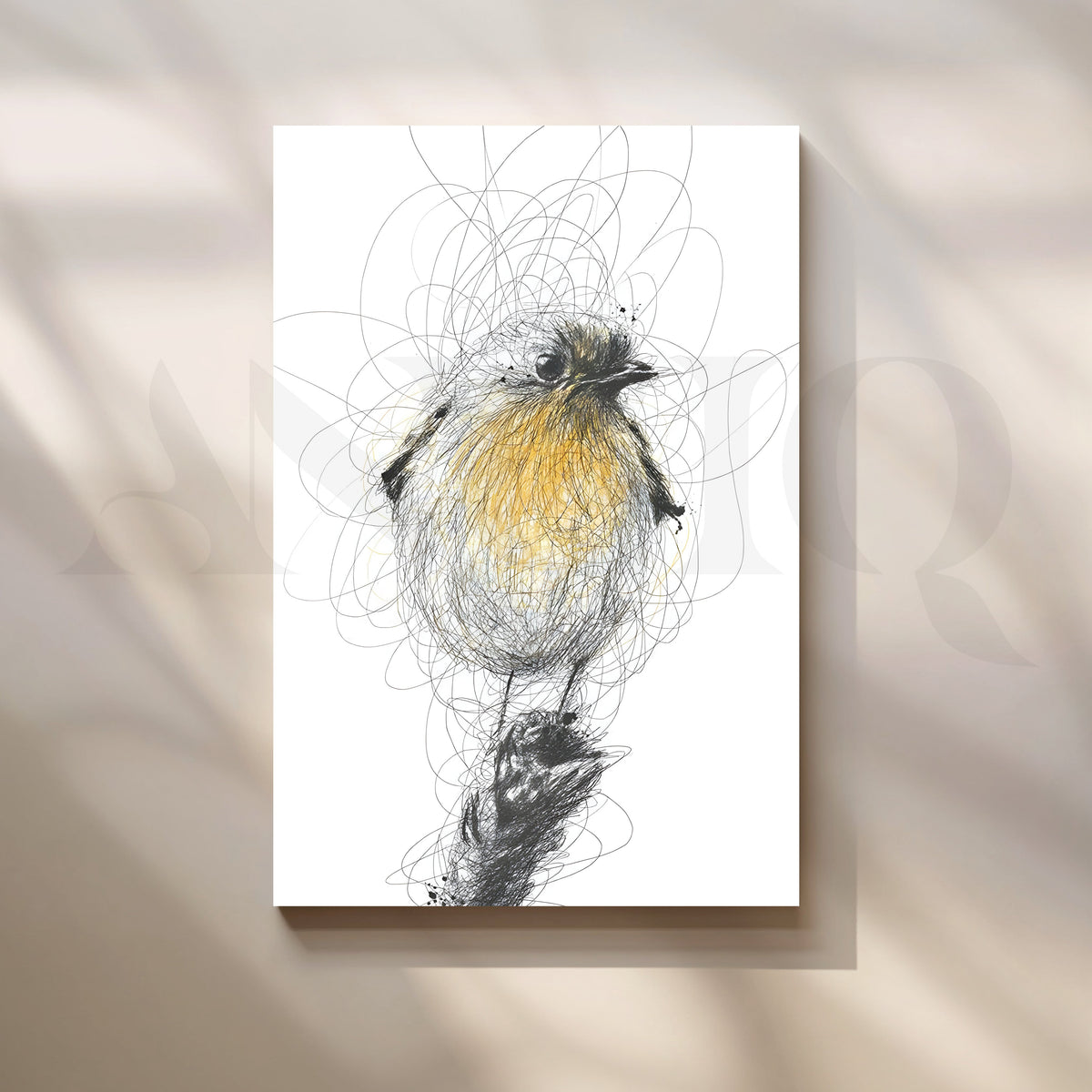 Yellow Songbird Sketch Canvas Artwork – Asha Art Studio