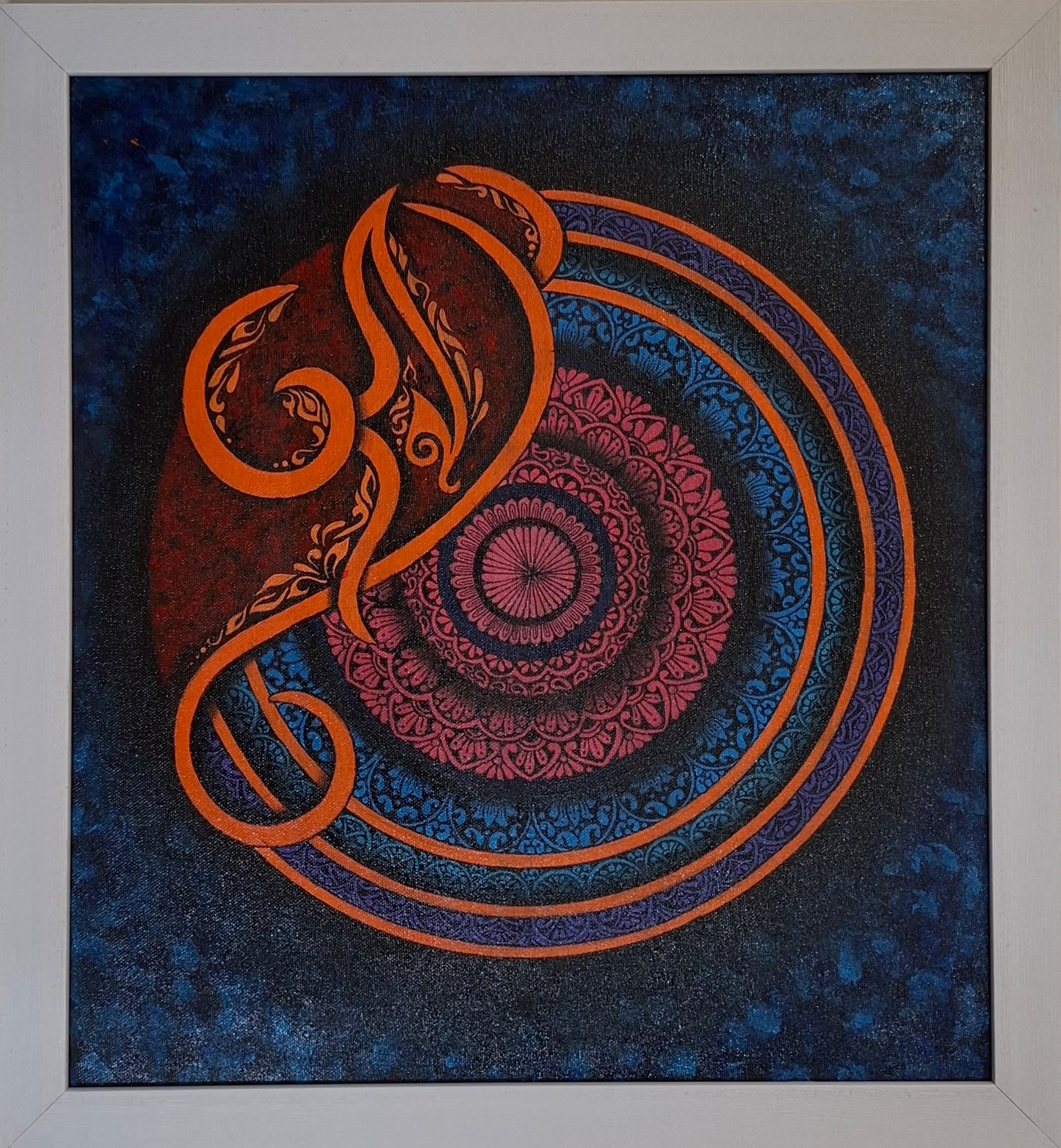 Ember Om - Saffron Mandala on Midnight Blue | Original Hand-Painted Canvas