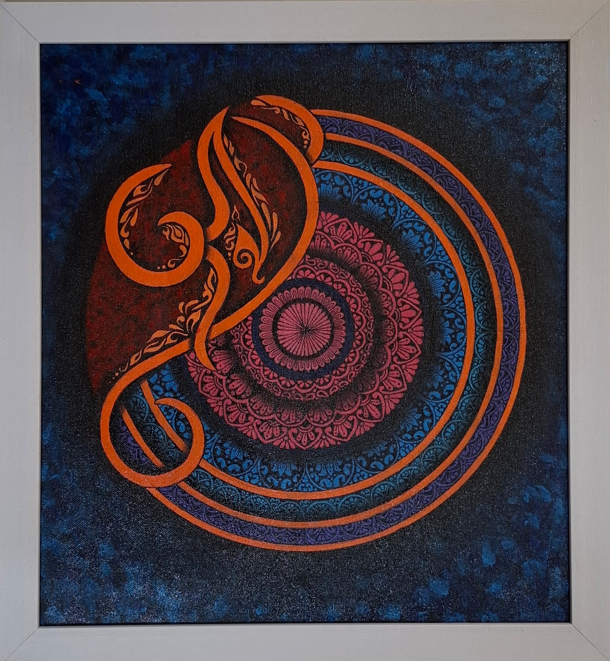 Ember Om - Saffron Mandala on Midnight Blue | Original Hand-Painted Canvas