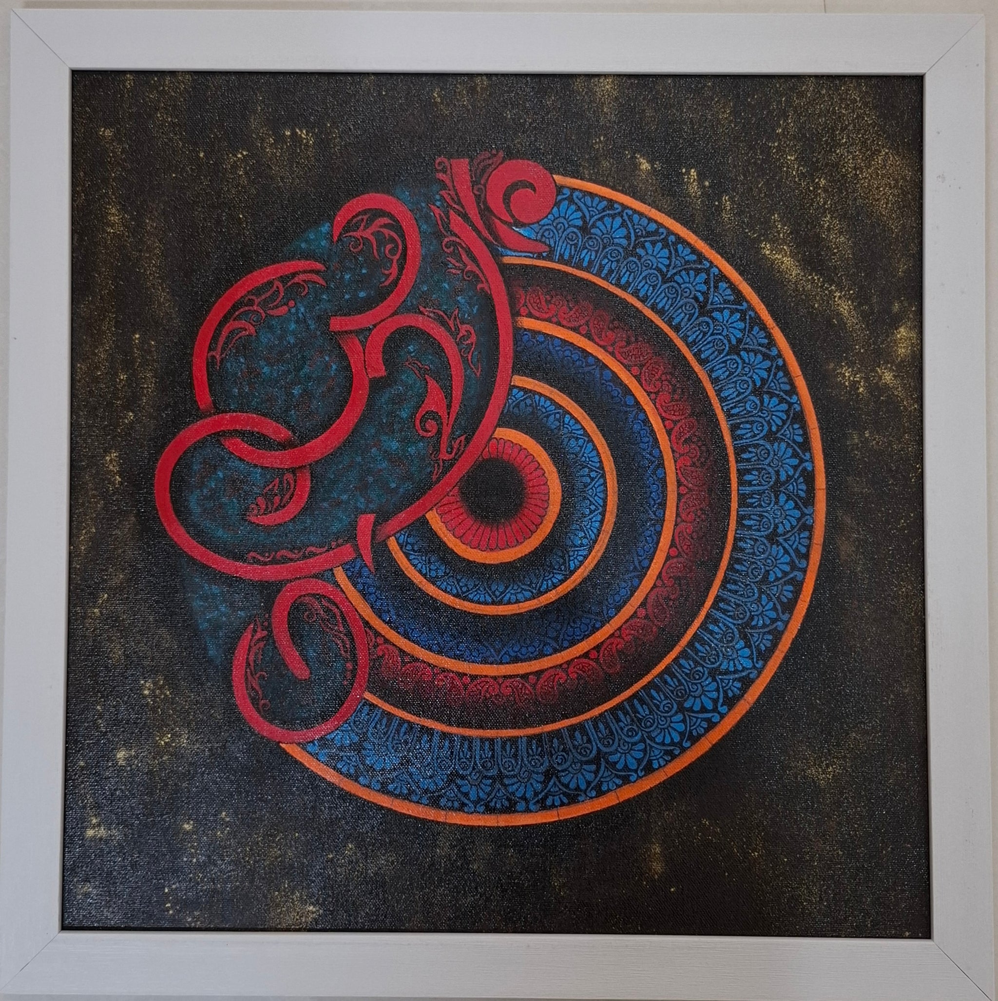 Crimson Om - Ruby Mandala on Starlit Black | Original Hand-Painted Canvas