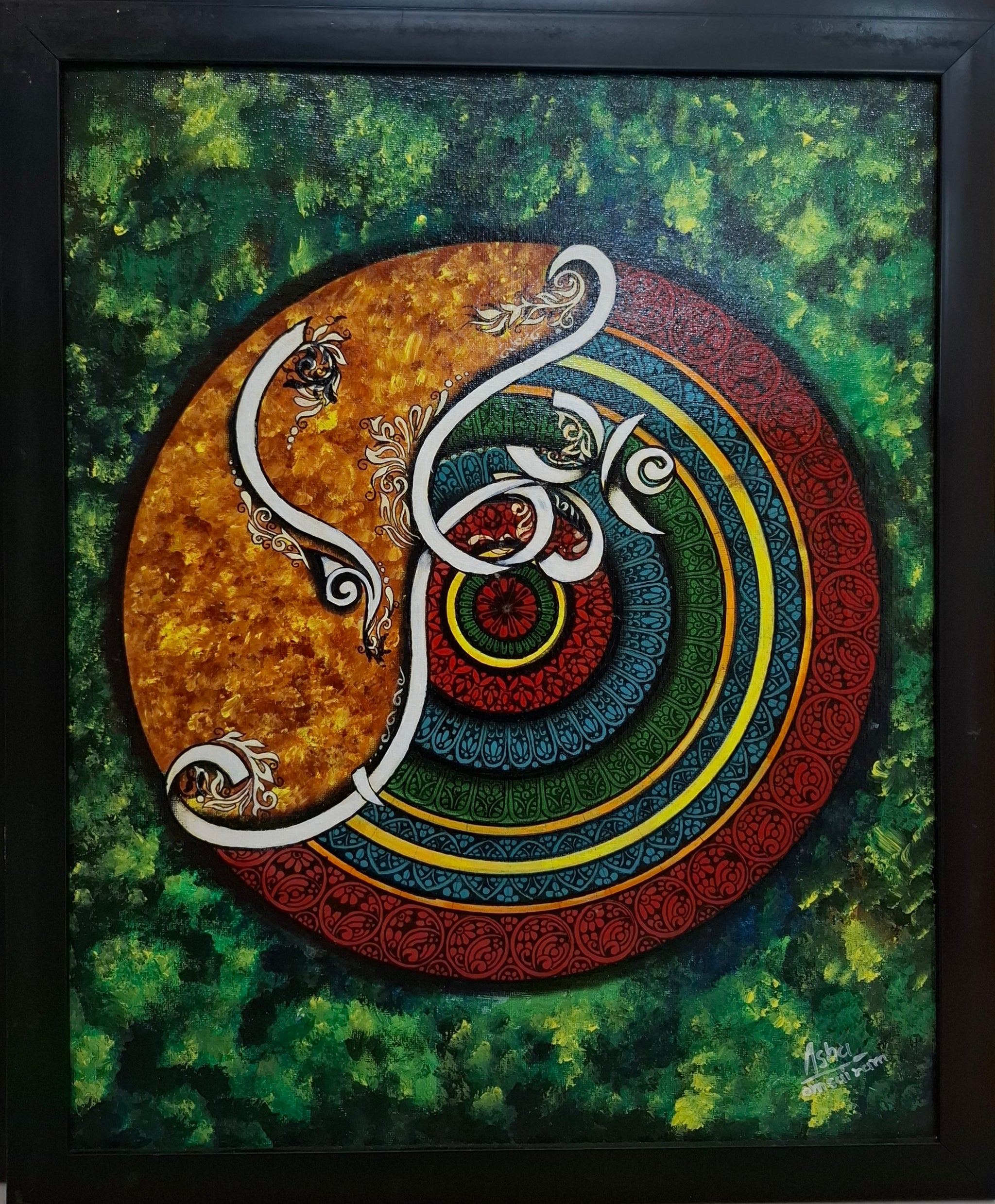 Sunfire Om - Ivory Mandala on Amber & Forest Green | Original Hand-Painted Canvas