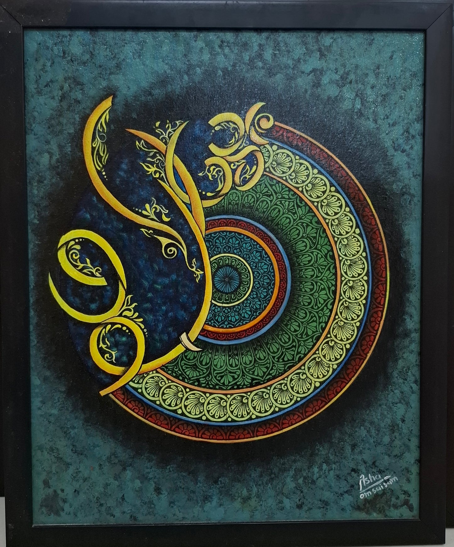 Golden Om - Amber Mandala on Deep Teal | Original Hand-Painted Canvas