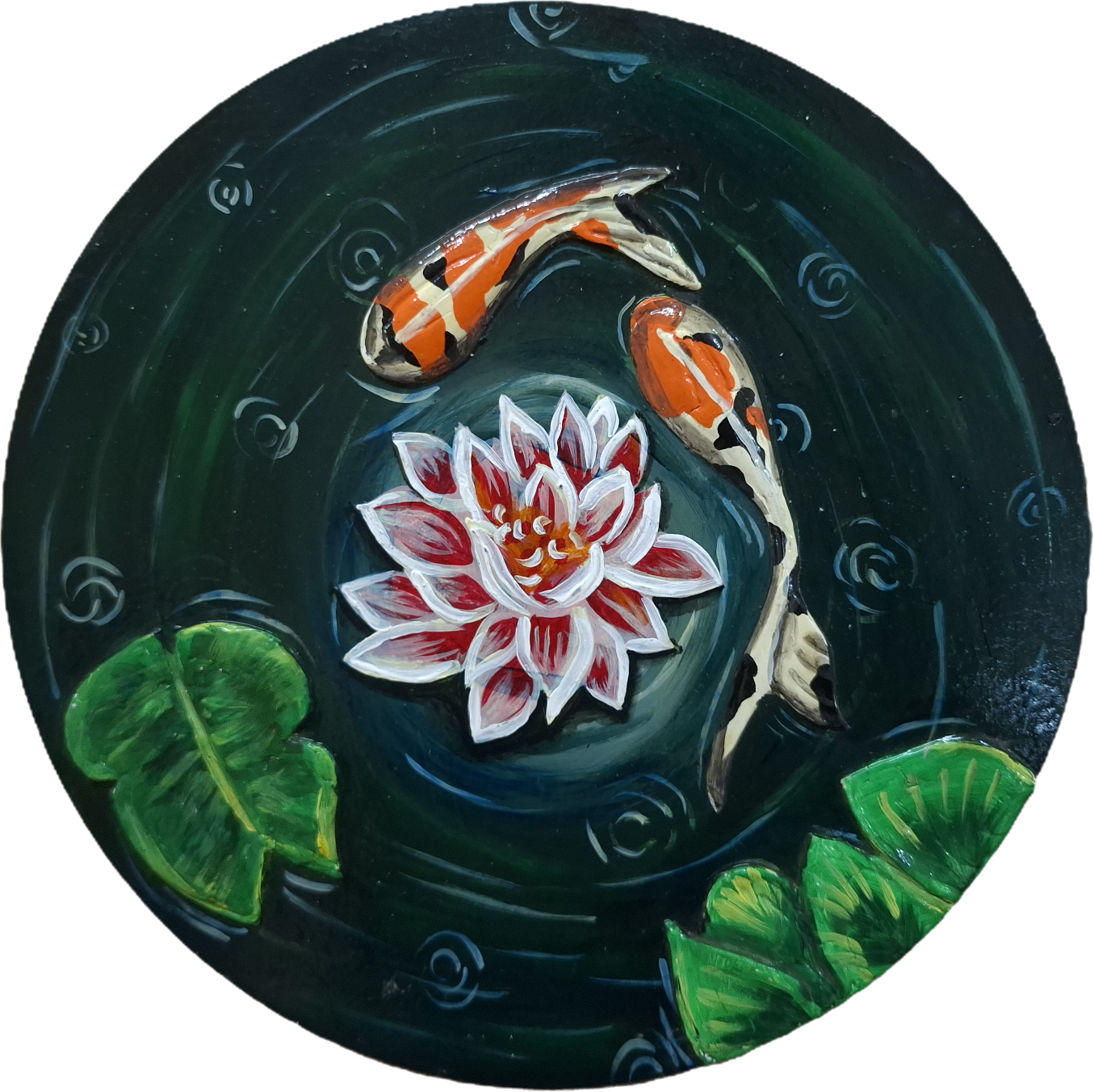 Koi & Lotus Pond - Textured Relief Wall Art | Original Hand-Painted Round Panel