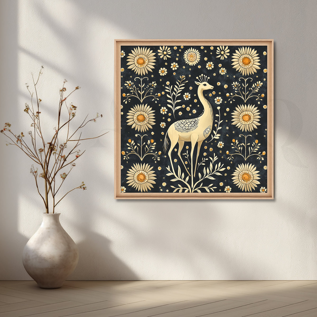 Black Folk Deer with Golden Blossoms Canvas Artwork – Asha Art Studio – Image 5