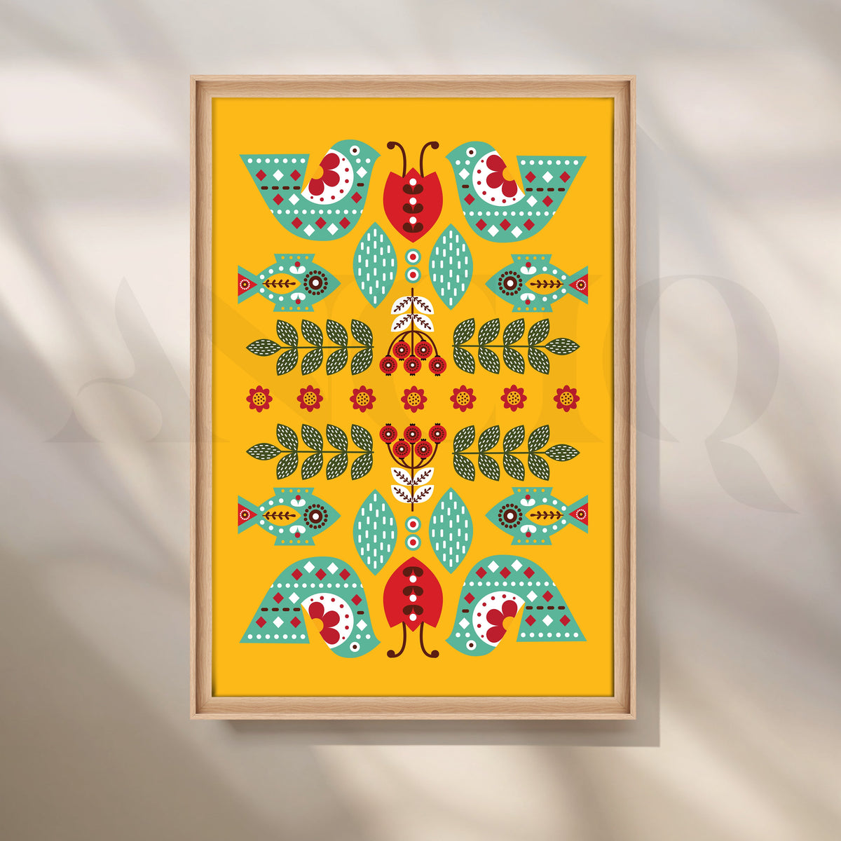 Folk Birds & Fishes Yellow Canvas Artwork – Asha Art Studio – Image 5